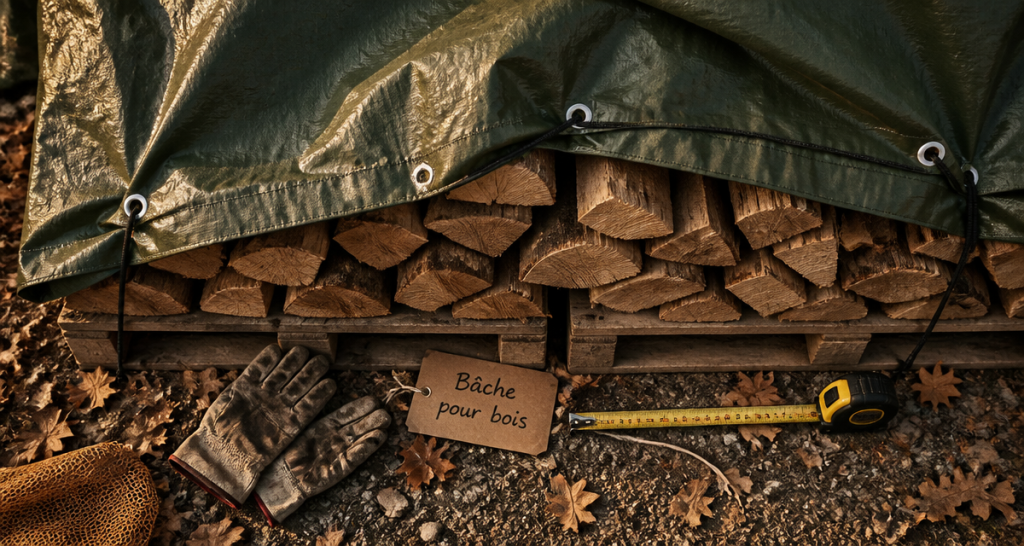bache pour bois sur tas de buches