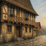 Colombage maison chêne décorée village