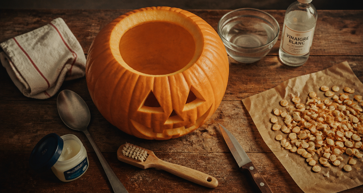 conserver citrouille halloween avec outils sur table
