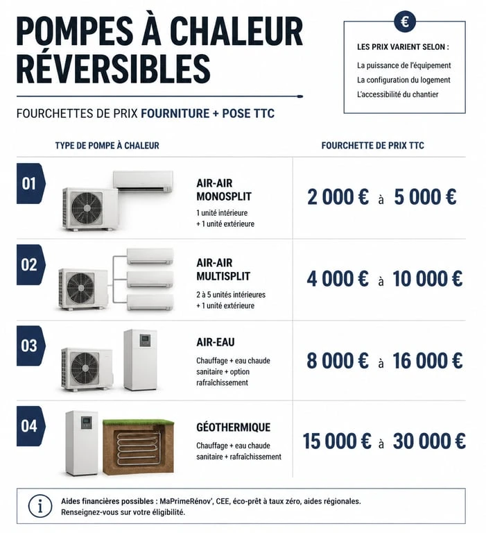 Comparatif des prix des pompes à chaleur clim réversible selon la technologie