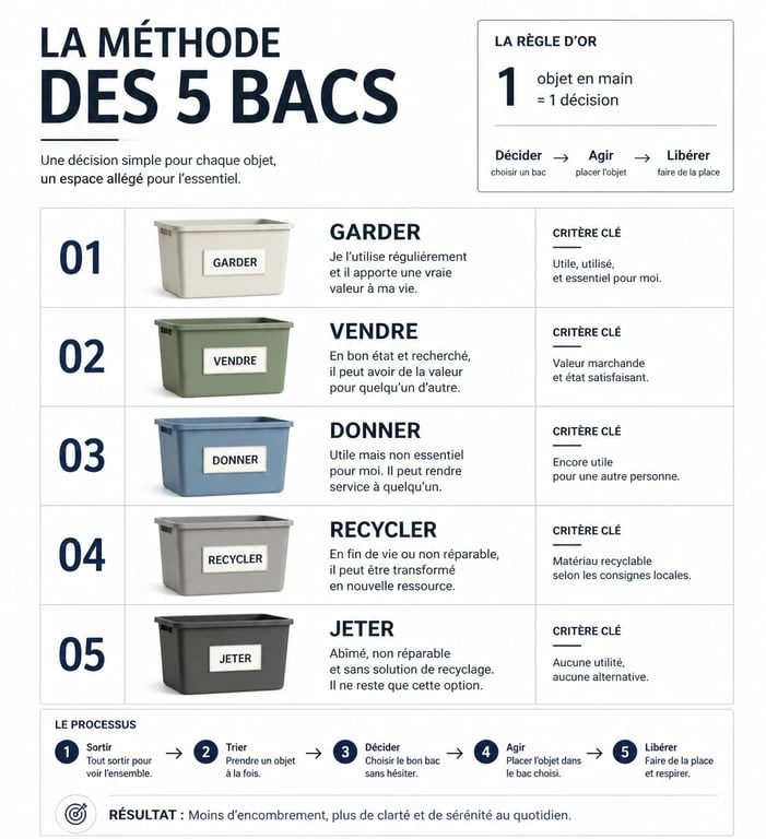 Infographie de la méthode des 5 bacs pour vider mon grenier efficacement