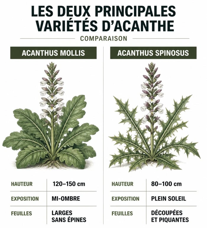 Infographie comparative des variétés d'acanthe plante pour le jardin