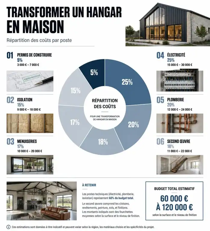 Répartition budgétaire pour la transformation d'un hangar en maison