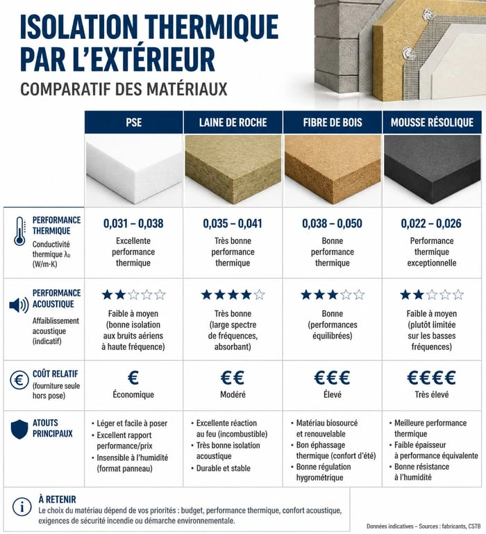 Comparatif des matériaux pour l'isolation thermique par l'extérieur lors d'un ravalement de façade