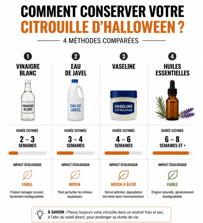 Infographie comparative des méthodes pour conserver une citrouille d'Halloween
