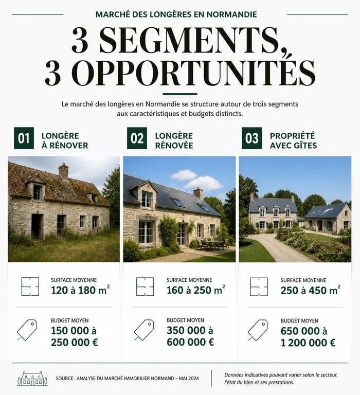Infographie des prix et surfaces des longères en Normandie par type de bien
