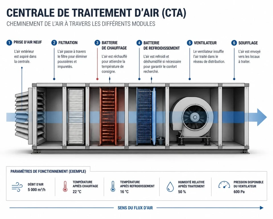 Schéma de fonctionnement d'une centrale de traitement d'air (CTA) avec ses composants principaux