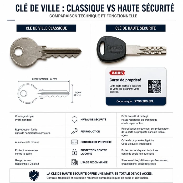 Comparatif visuel entre une clé de ville classique et une clé protégée avec carte de propriété pour faire des double de clé