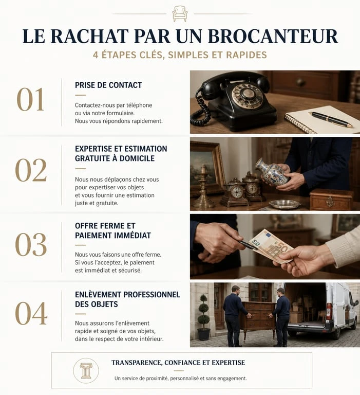 Processus de rachat d'objets et meubles par un brocanteur professionnel