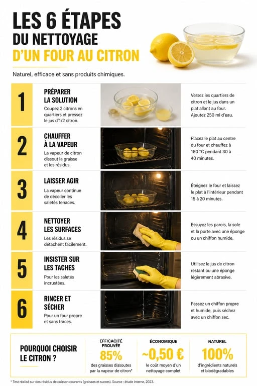 Infographie des étapes pour nettoyer son four au citron