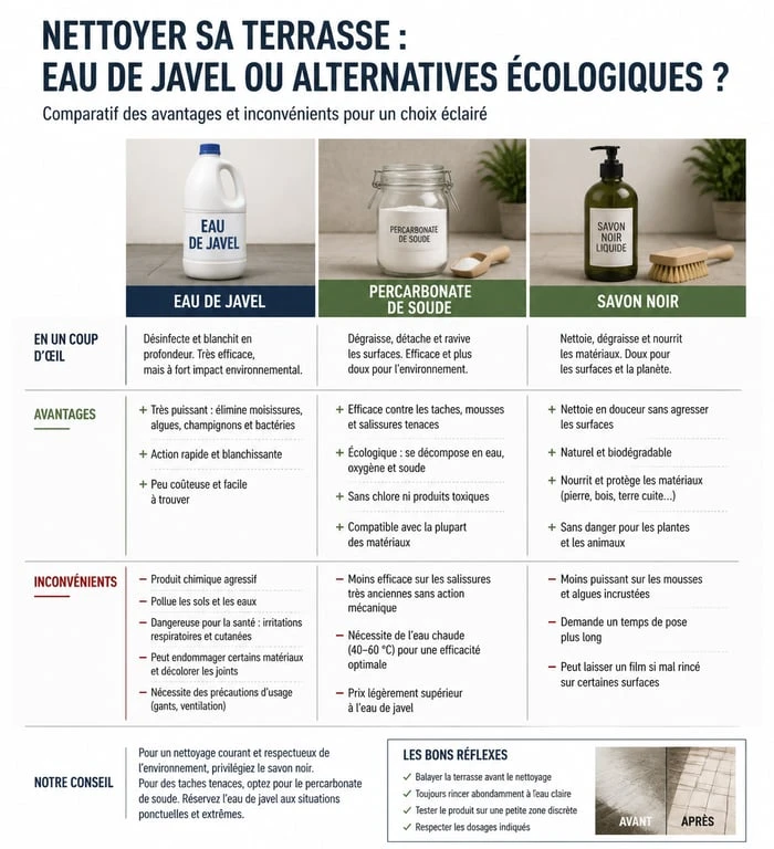 Infographie comparative nettoyage dalle terrasse javel vs alternatives écologiques