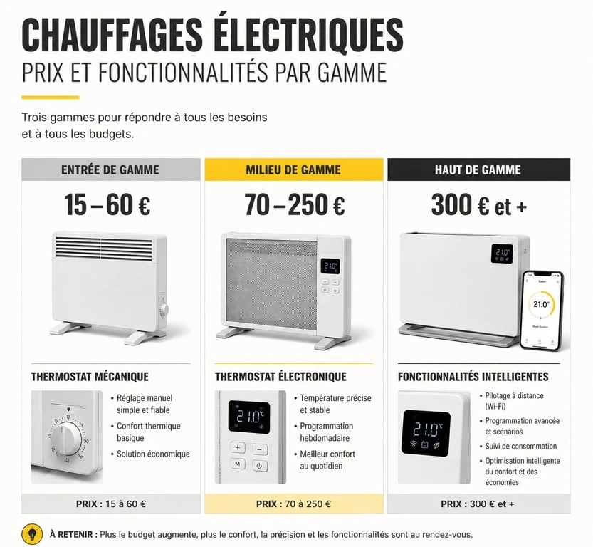Comparatif des prix et fonctionnalités des convecteurs électriques : entrée de gamme, milieu de gamme et haut de gamme