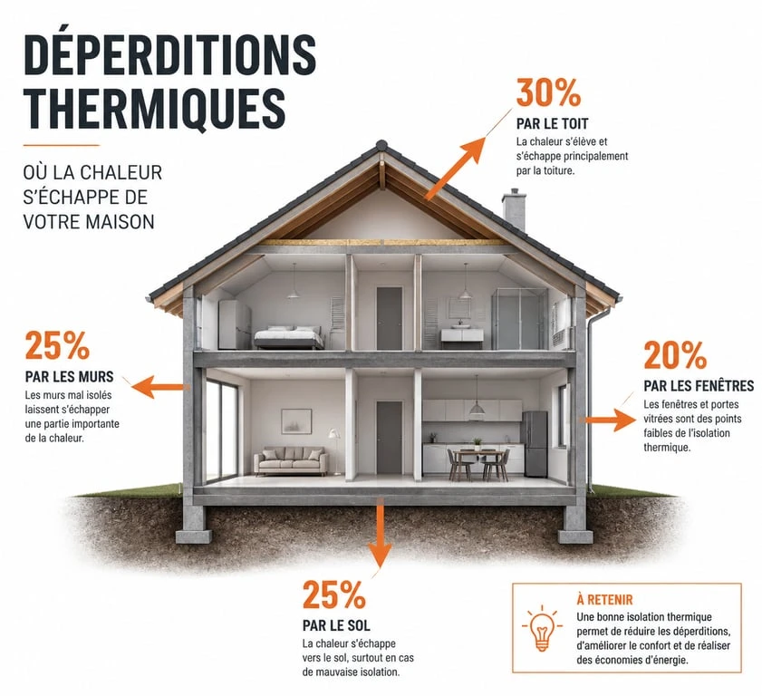 Schéma des déperditions thermiques d'une maison pour DM Rénovation