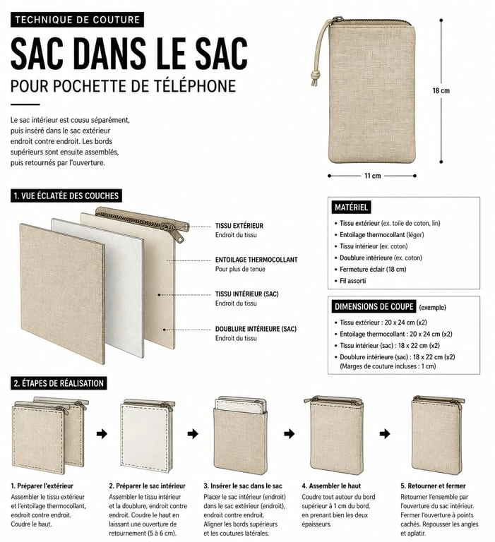 Illustration technique de la technique de couture sac dans le sac pour pochette en tissu pour téléphone portable