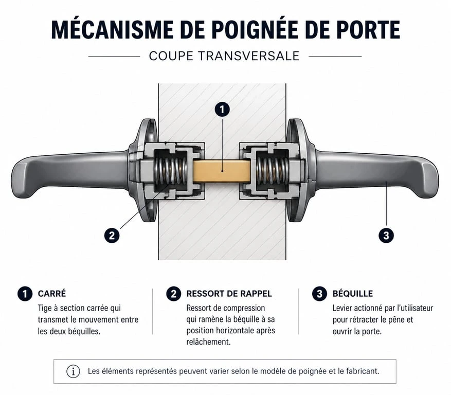 Schéma détaillé de l'intérieur et du mécanisme d'une poignée de porte