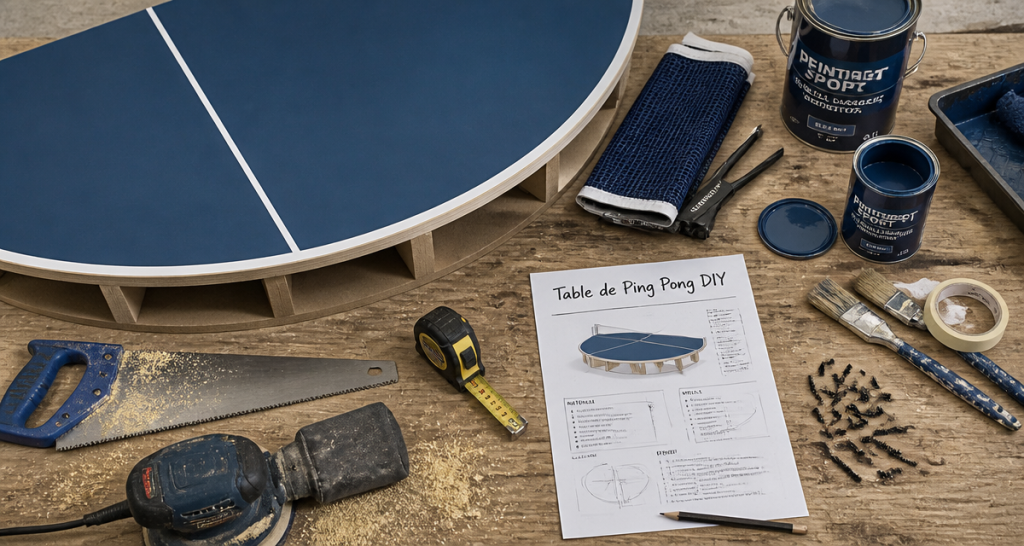 Fabriquer une table de ping pong, outils et matériaux sur établi