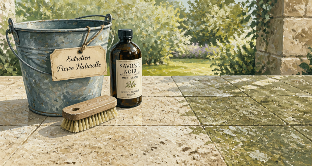 nettoyage pierre naturelle javel terrasse brosse savon