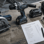 outillage portatif professionnel disposé sur établi