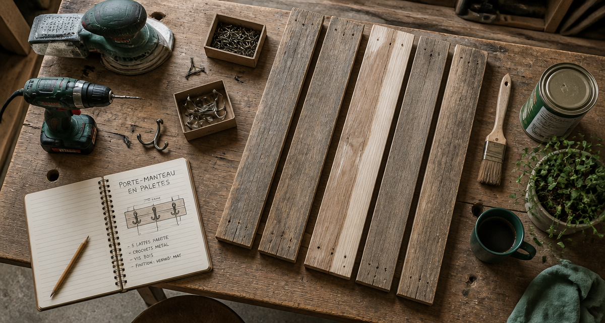 porte manteau palettes en cours de ponçage sur table d'atelier