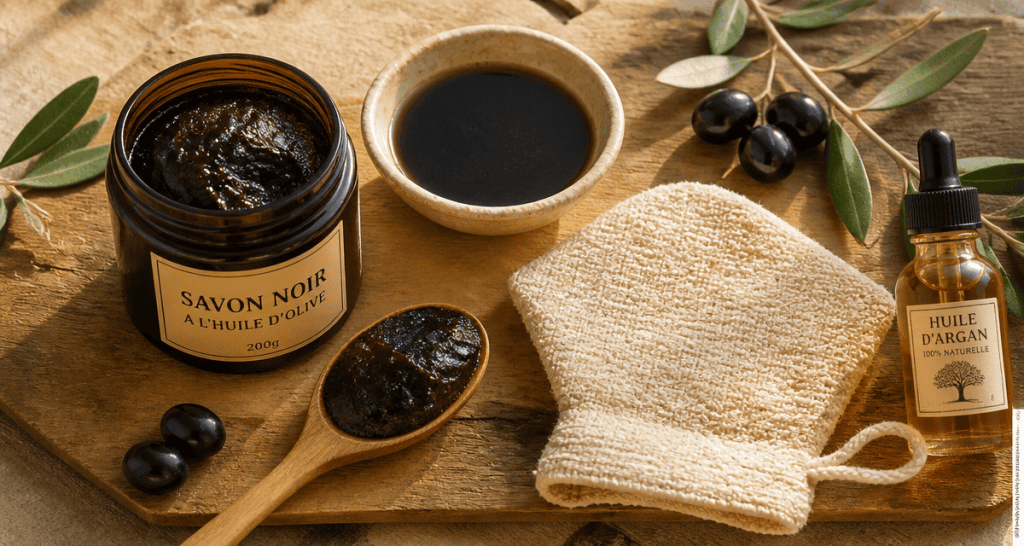 Savon noir bienfaits, pot, kessa, huile, olives
