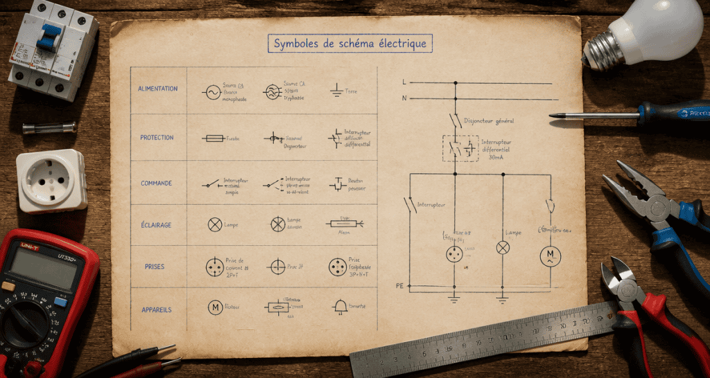 symbole schéma électrique sur plan avec outils