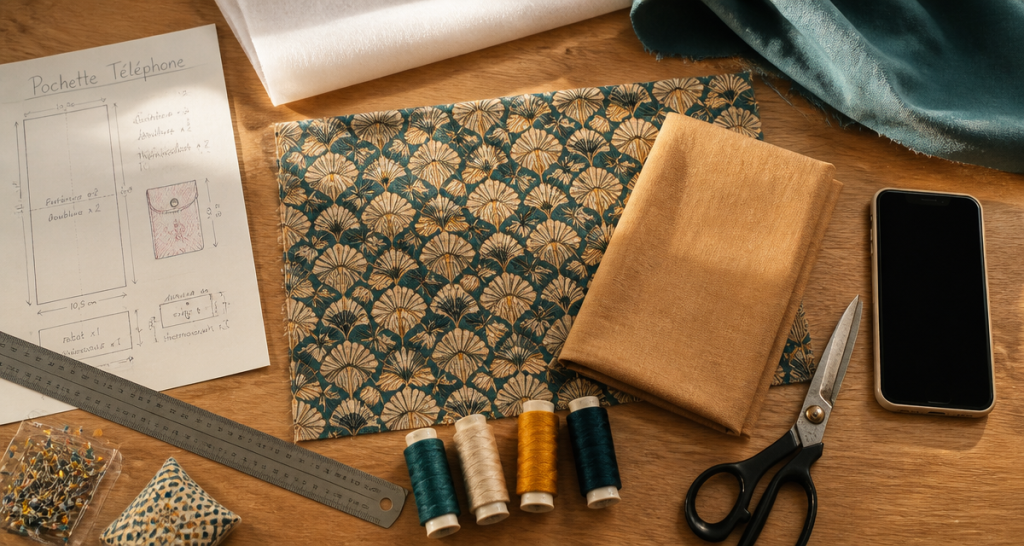 tuto pochette en tissu pour téléphone portable vue atelier couture