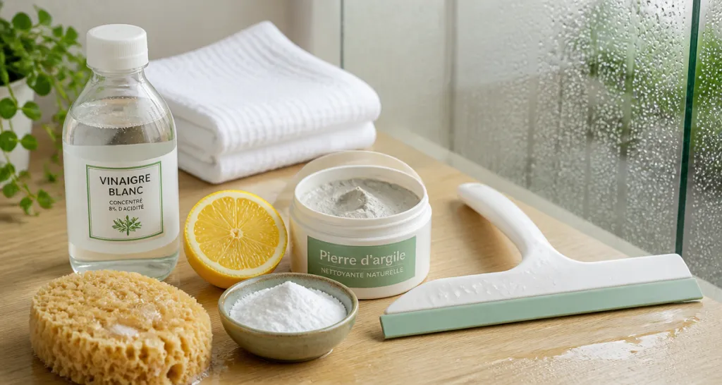 accessoires naturels pour enlever le calcaire sur les parois de douche