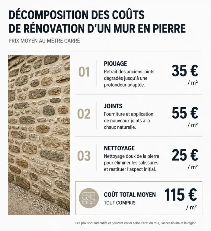 Infographie des coûts de piquage et rénovation de mur en pierre au m2