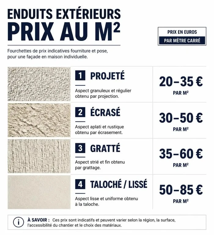 Tableau comparatif des prix de l'enduit au m2 selon la finition choisie pour vos travaux de façade.