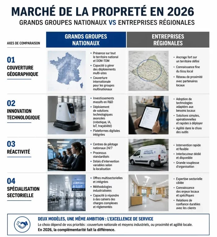 Comparatif des entreprises de nettoyage 2026 : grands groupes nationaux vs entreprises régionales