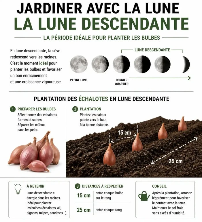 Schéma explicatif pour planter les échalotes avec la lune, distances de plantation et phase lunaire