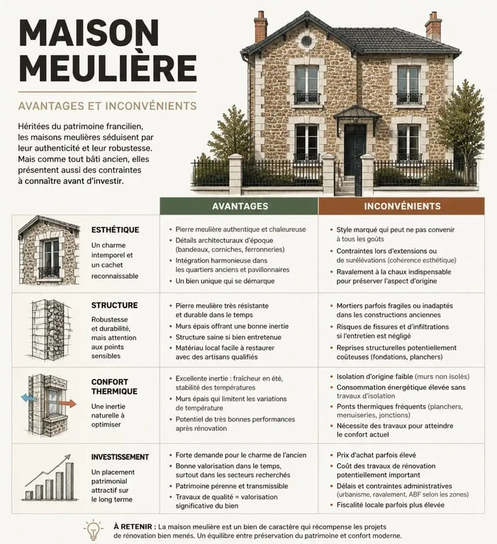 Infographie comparative des avantages et inconvénients d'une maison meulière pour un projet de rénovation.