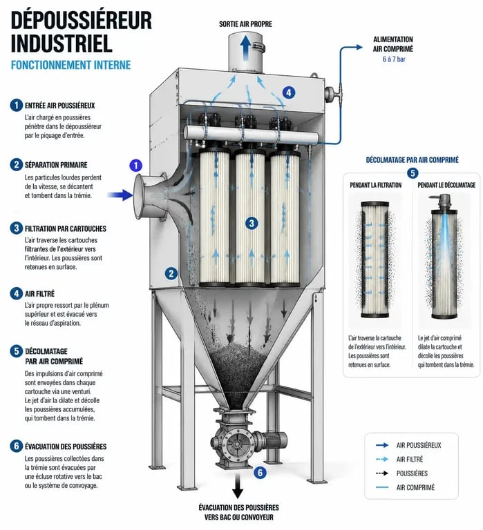 Schéma de fonctionnement d'un dépoussiéreur industriel montrant le processus de filtration des poussières.
