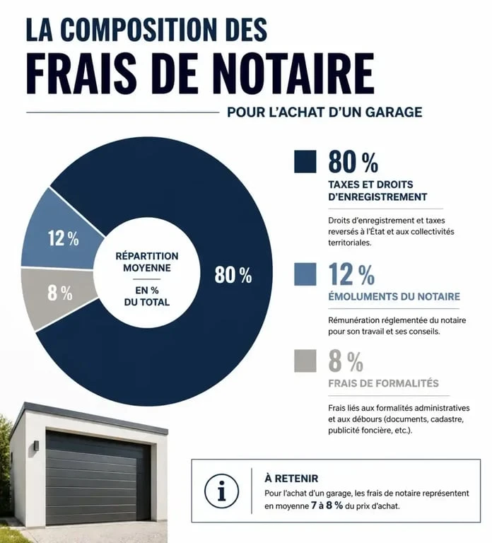 Composition des frais de notaire pour l'achat d'un garage : répartition entre taxes, émoluments et frais de formalités.