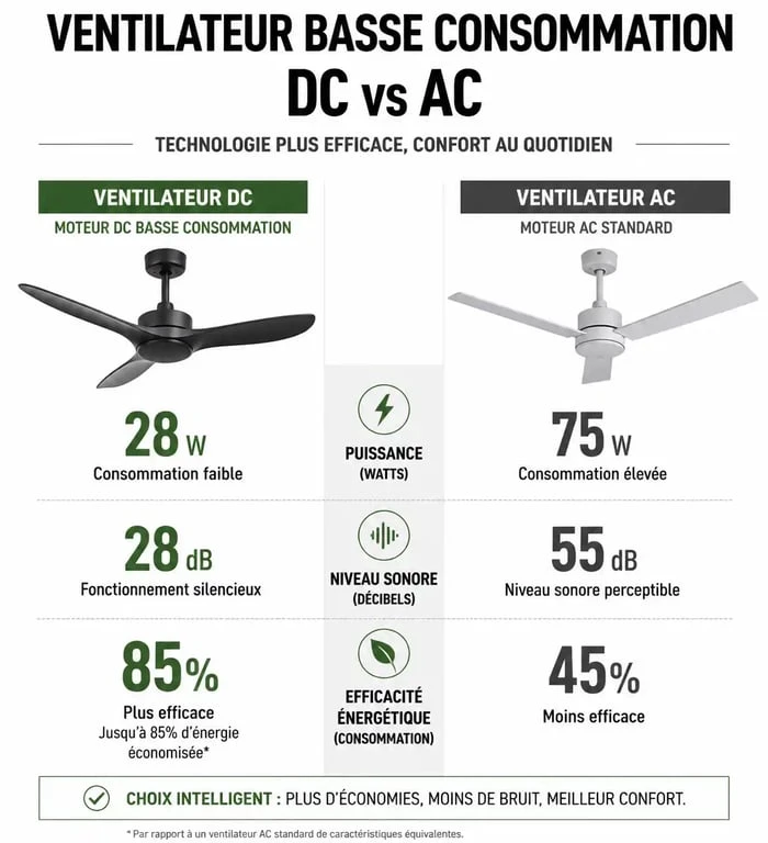 Comparatif technique des avantages d'un ventilateur basse consommation par rapport à un modèle standard
