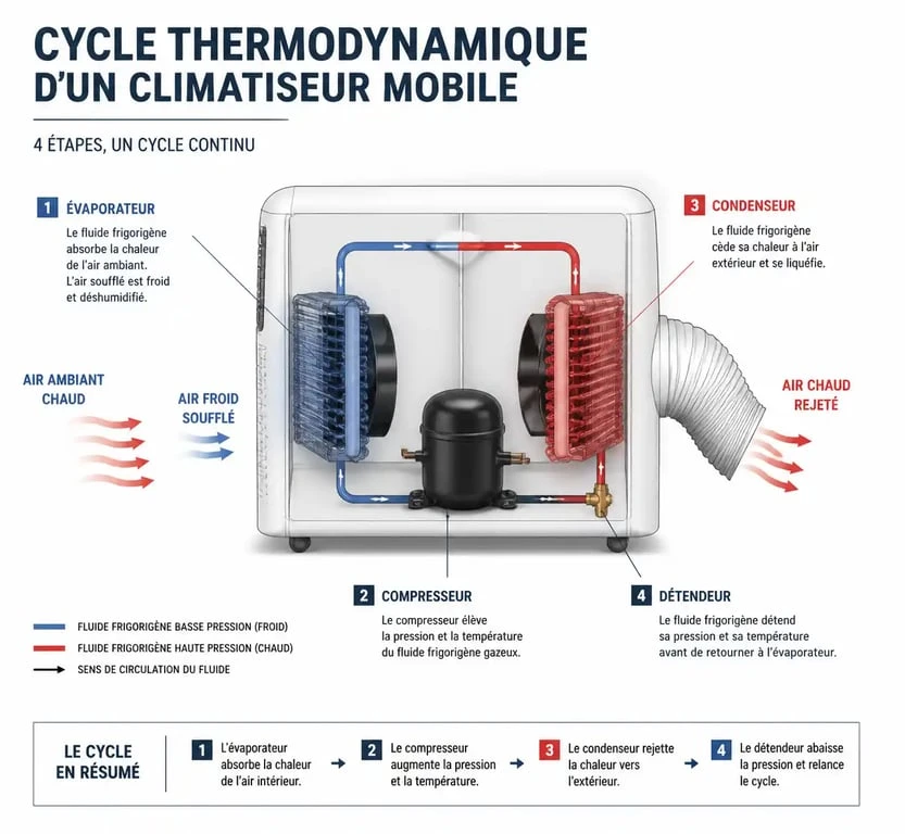 Schéma du fonctionnement d'un climatiseur mobile : cycle thermodynamique et composants