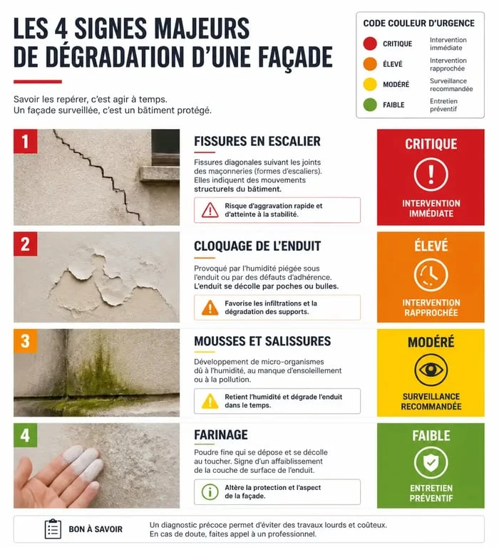 Infographie des signes de dégradation d'une façade nécessitant un ravalement