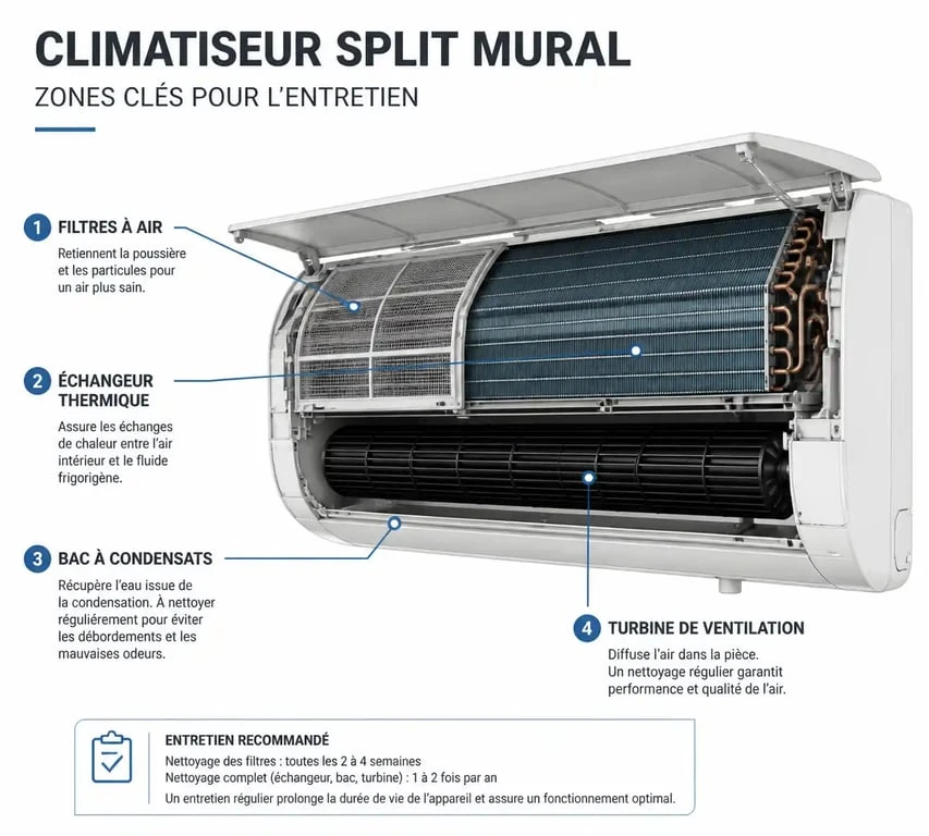 Schéma des composants d'un climatiseur split pour le nettoyage et l'entretien