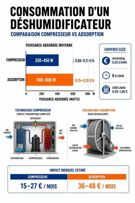 Graphique comparatif de la consommation électrique et du coût d'utilisation d'un déshumidificateur selon la technologie
