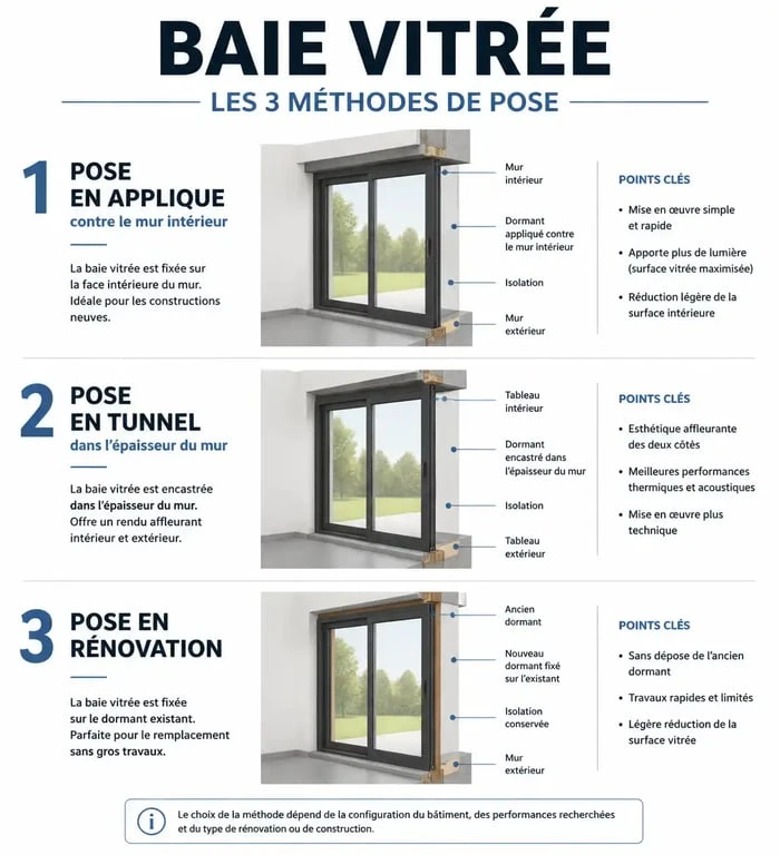 Schéma illustrant les différentes méthodes d'installation de baie vitrée : applique, tunnel et rénovation.