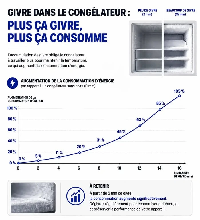Infographie sur l'impact du givre sur la consommation électrique du congélateur