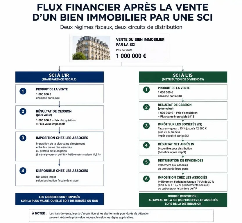 Schéma du processus de récupération de l'argent de la vente d'un bien en SCI selon le régime fiscal