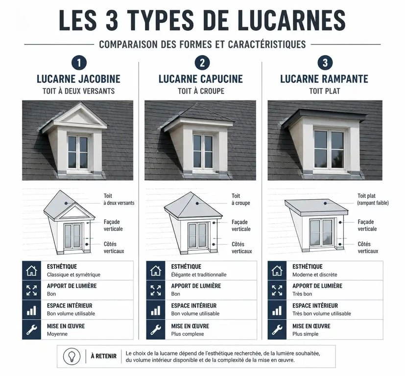 Comparatif des trois types de lucarnes pour chien assis maison : jacobine, capucine et rampante