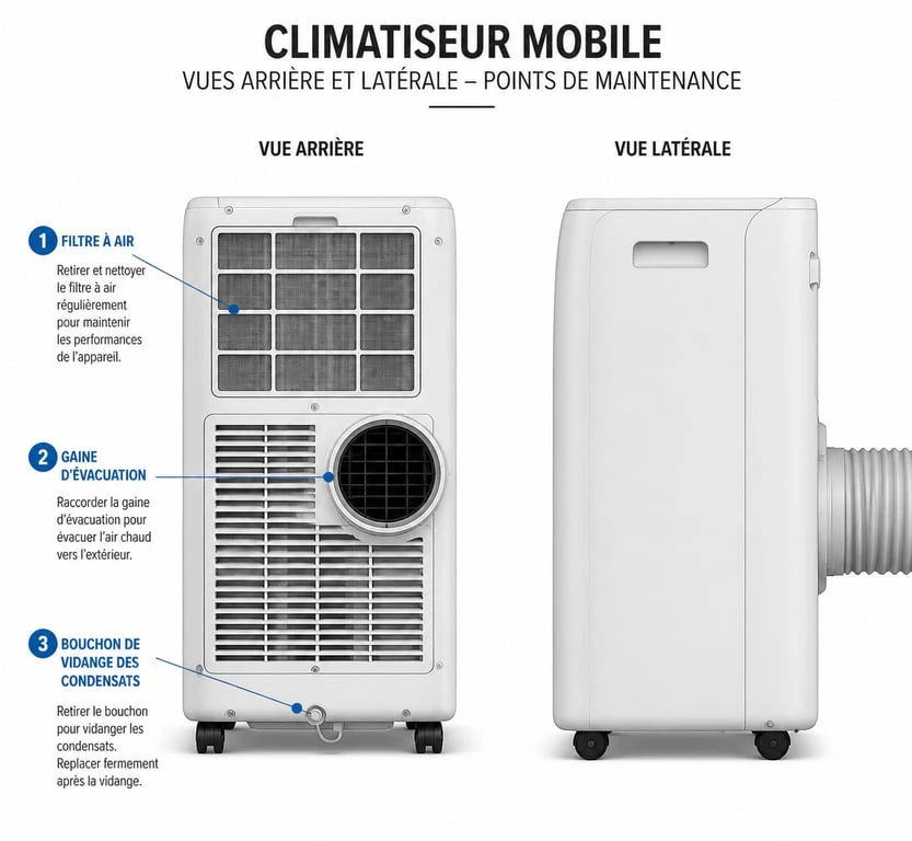Schéma technique des points de maintenance d'un climatiseur mobile pour la réparation et l'entretien