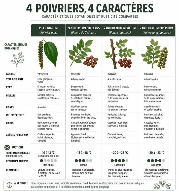 Infographie comparative des variétés de plante poivrier : Piper nigrum, Sichuan, Timut et Sansho.