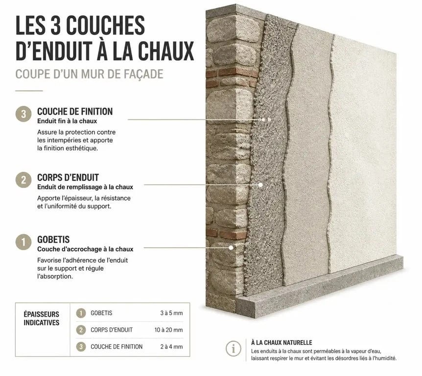 Schéma des trois couches d'un enduit à la chaux pour façade : gobetis, corps d'enduit et finition
