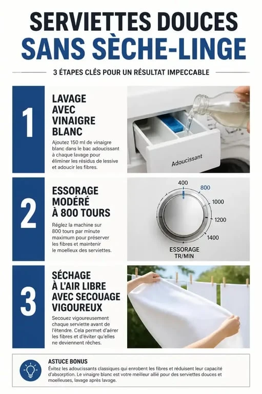 Infographie des étapes pour avoir des serviettes de toilette moelleuses sans sèche-linge