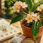 Fleurs frangipanier en pot : panicules blanches et feuilles vertes