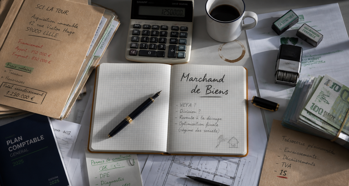 marchand de bien fiscalité documents et calculatrice