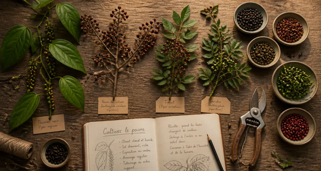 Plante poivrier rameaux et baies sur table